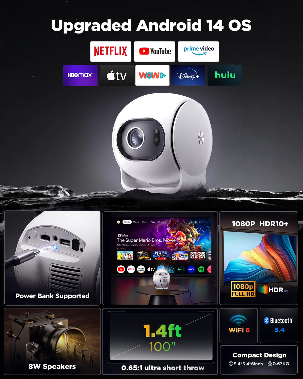 Ultra Short Throw Smart Projector with Android 14