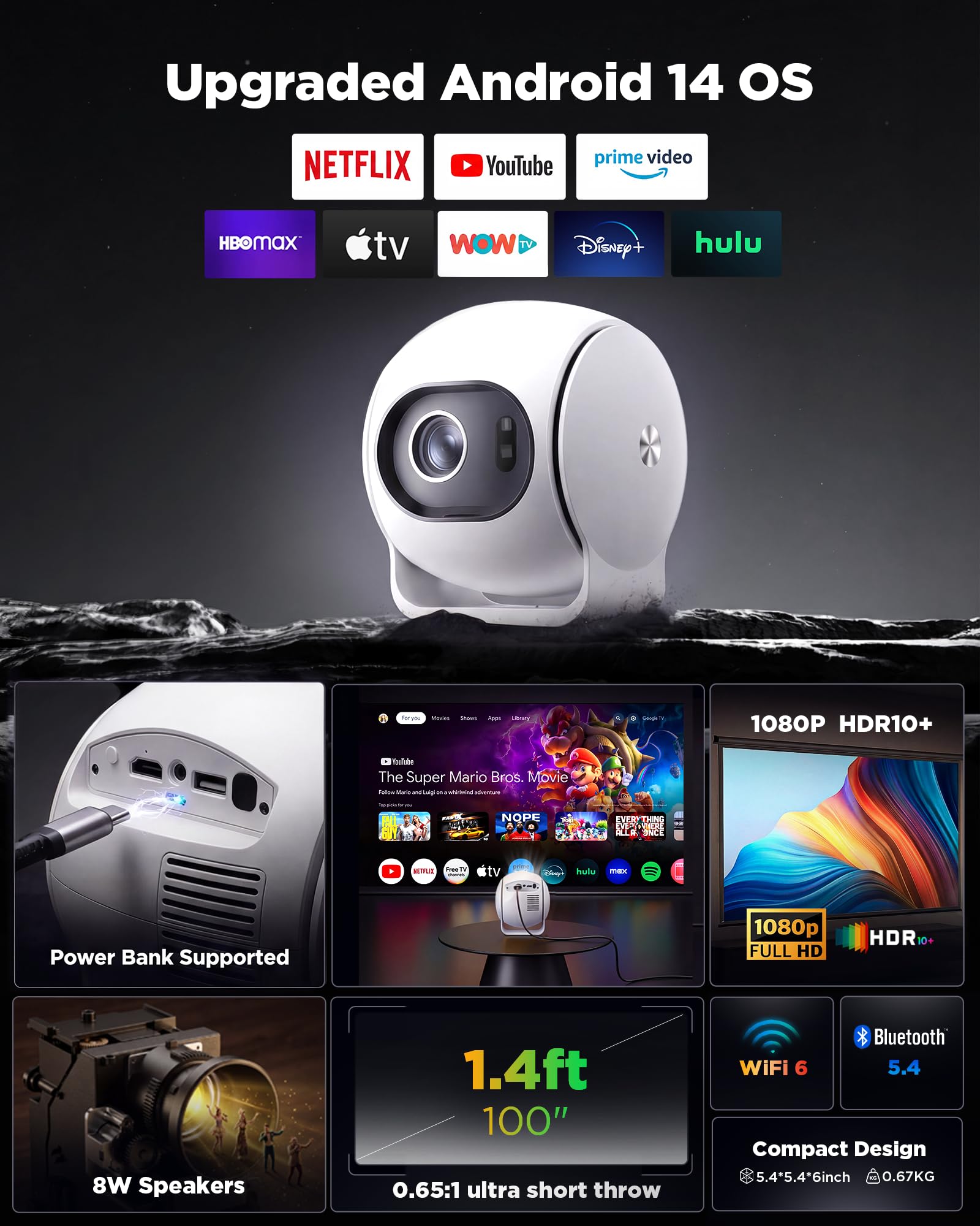 Ultra Short Throw Smart Projector with Android 14