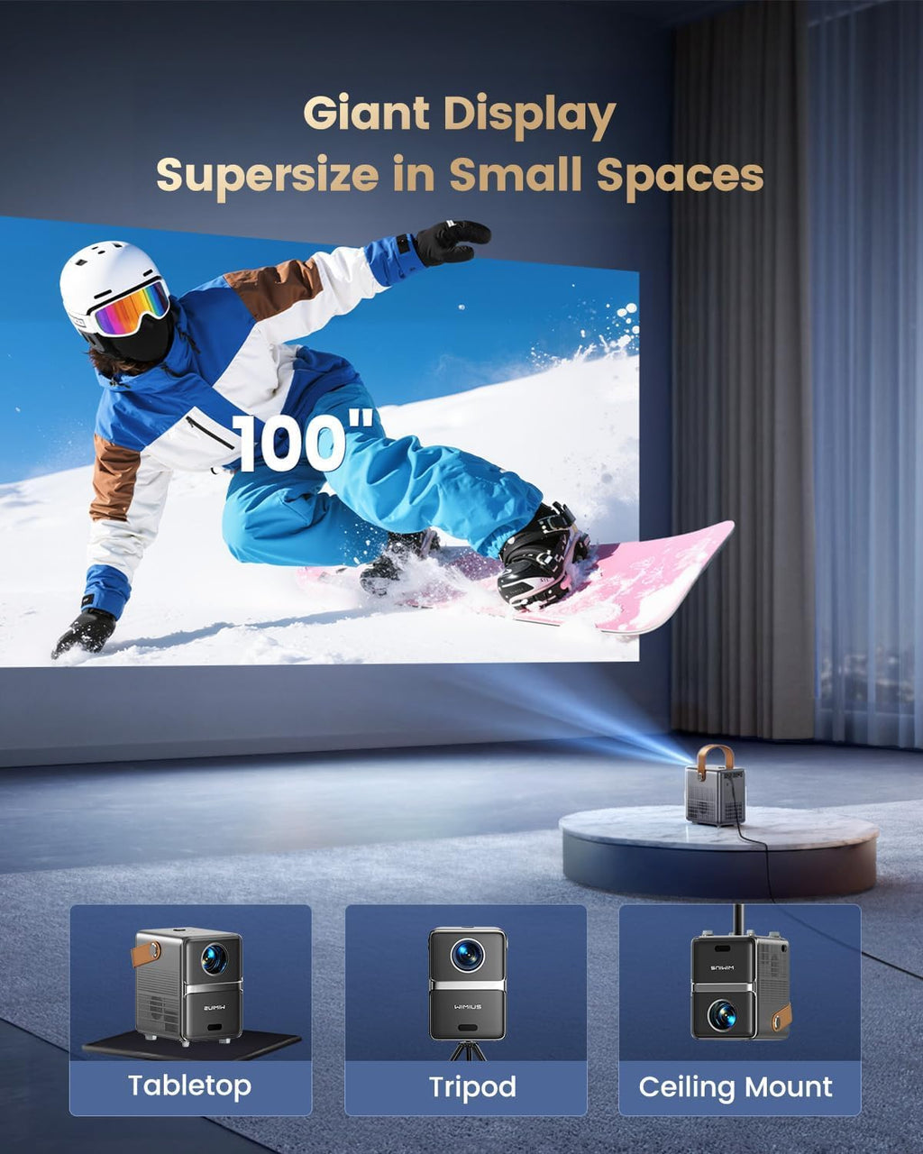 Portable 1080P Smart Projector with WiFi 6 & 4K Support