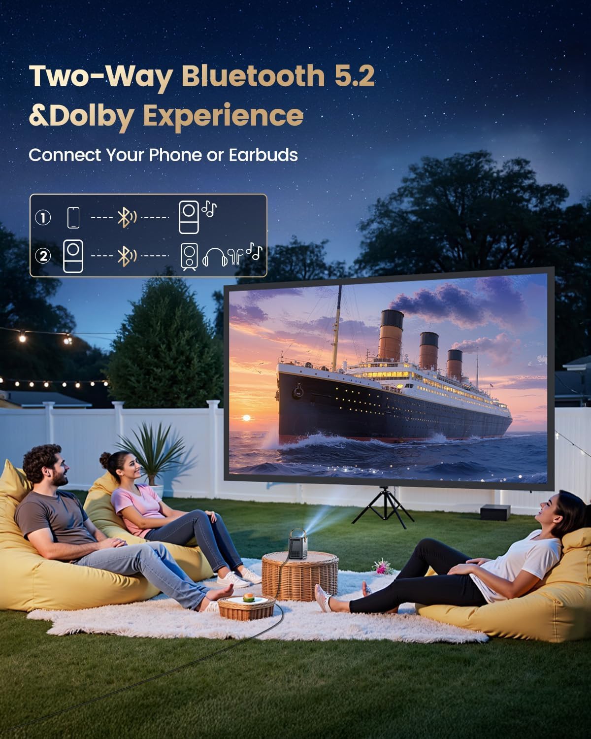 Portable 1080P Smart Projector with WiFi 6 & 4K Support