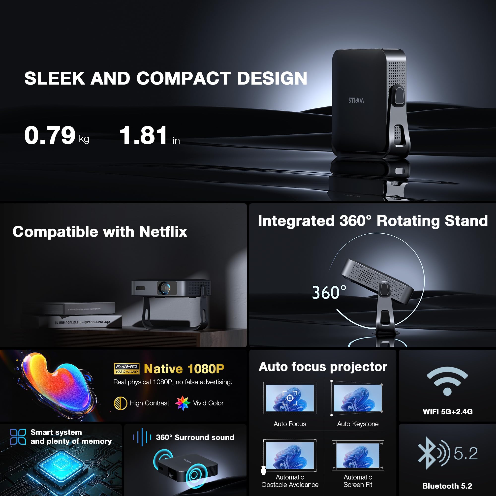 Slim Smart Mini Projector with 4K Support & WiFi